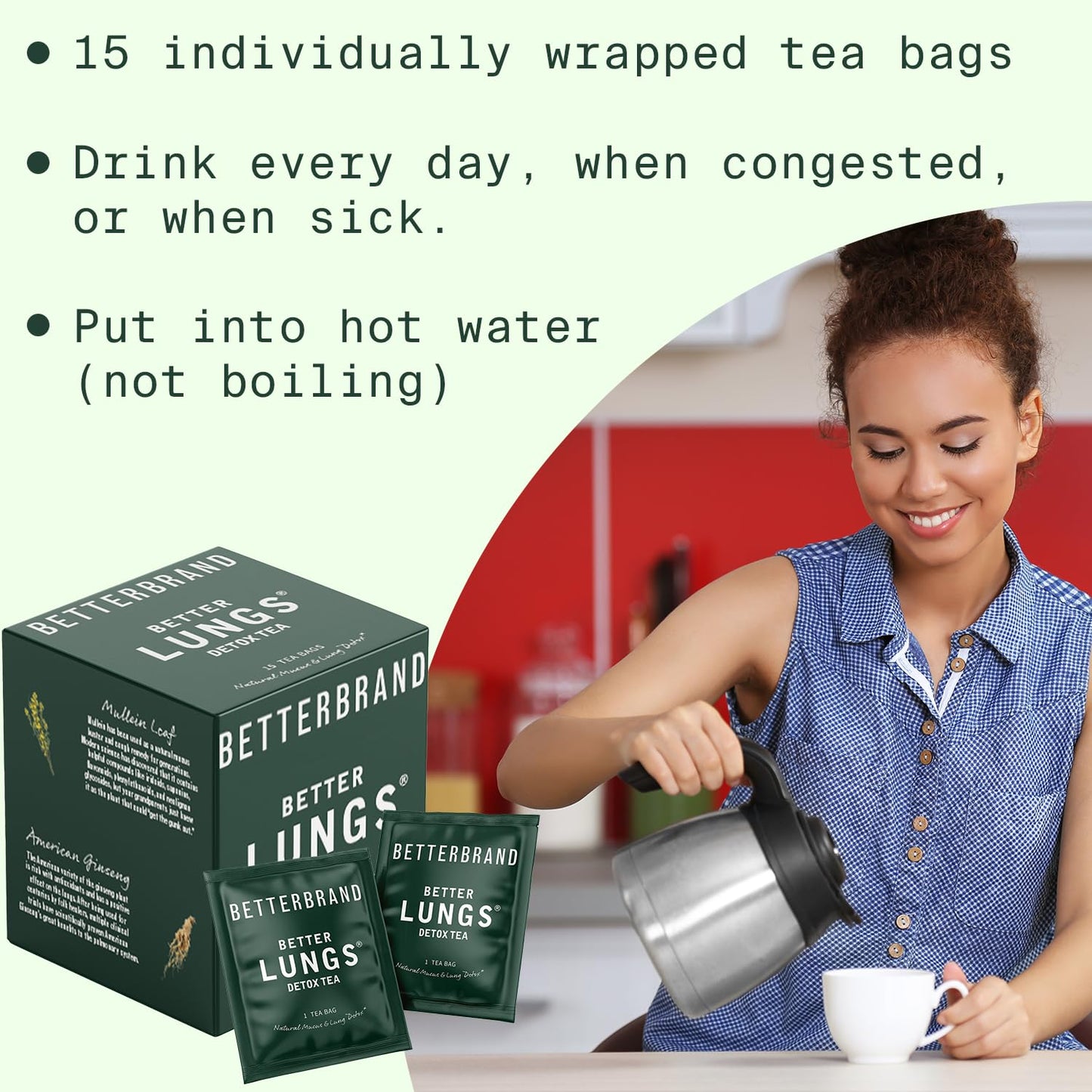 Betterlungs Detox Tea - 15 Herbal Tea Bags - Mullein Leaf, Ginseng, Elderberry, Ginger & Thyme for Lung Cleanse, Congestion Relief, Mucus Detox - Caffeine Free