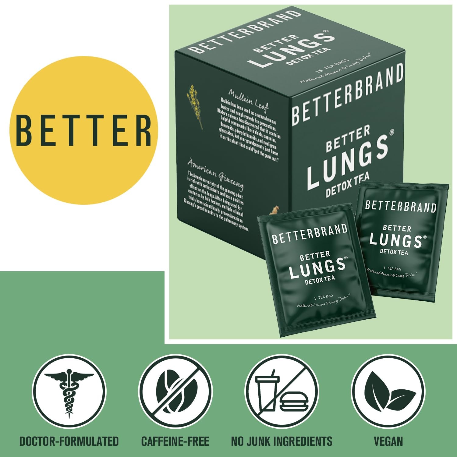 Betterlungs Detox Tea - 15 Herbal Tea Bags - Mullein Leaf, Ginseng, Elderberry, Ginger & Thyme for Lung Cleanse, Congestion Relief, Mucus Detox - Caffeine Free