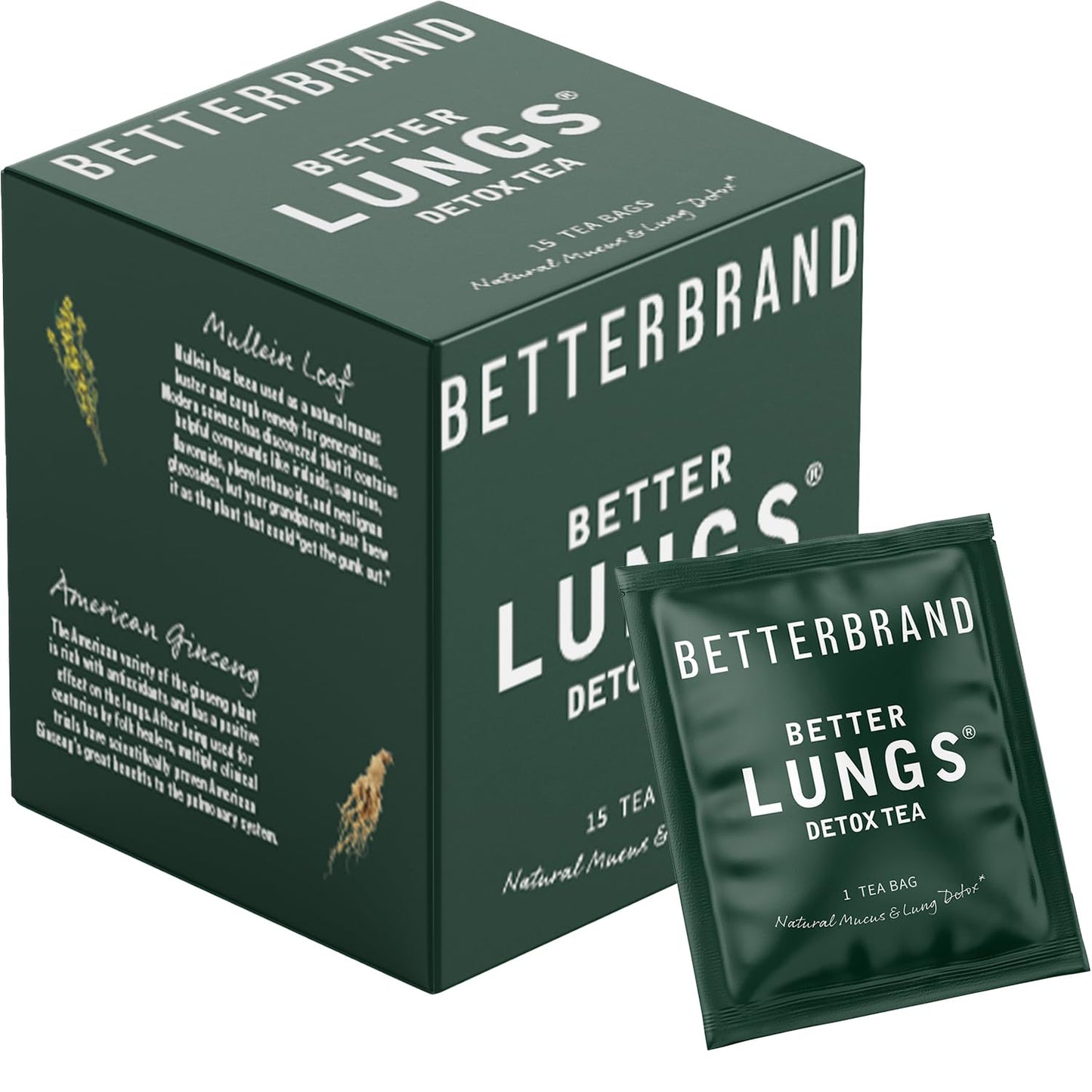 Betterlungs Detox Tea - 15 Herbal Tea Bags - Mullein Leaf, Ginseng, Elderberry, Ginger & Thyme for Lung Cleanse, Congestion Relief, Mucus Detox - Caffeine Free